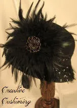 Black Soft Cloche Hat  w/Black Victorian Feather