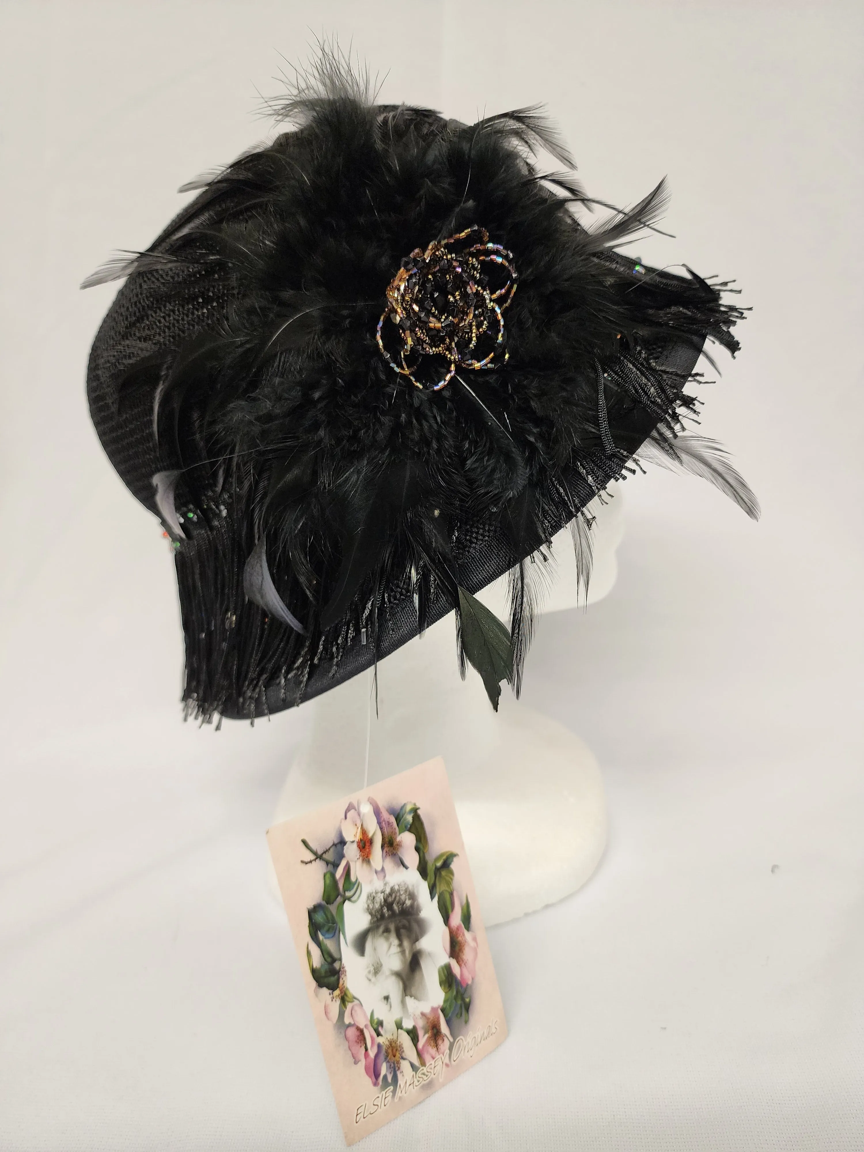 Black Soft Cloche Hat  w/Black Victorian Feather