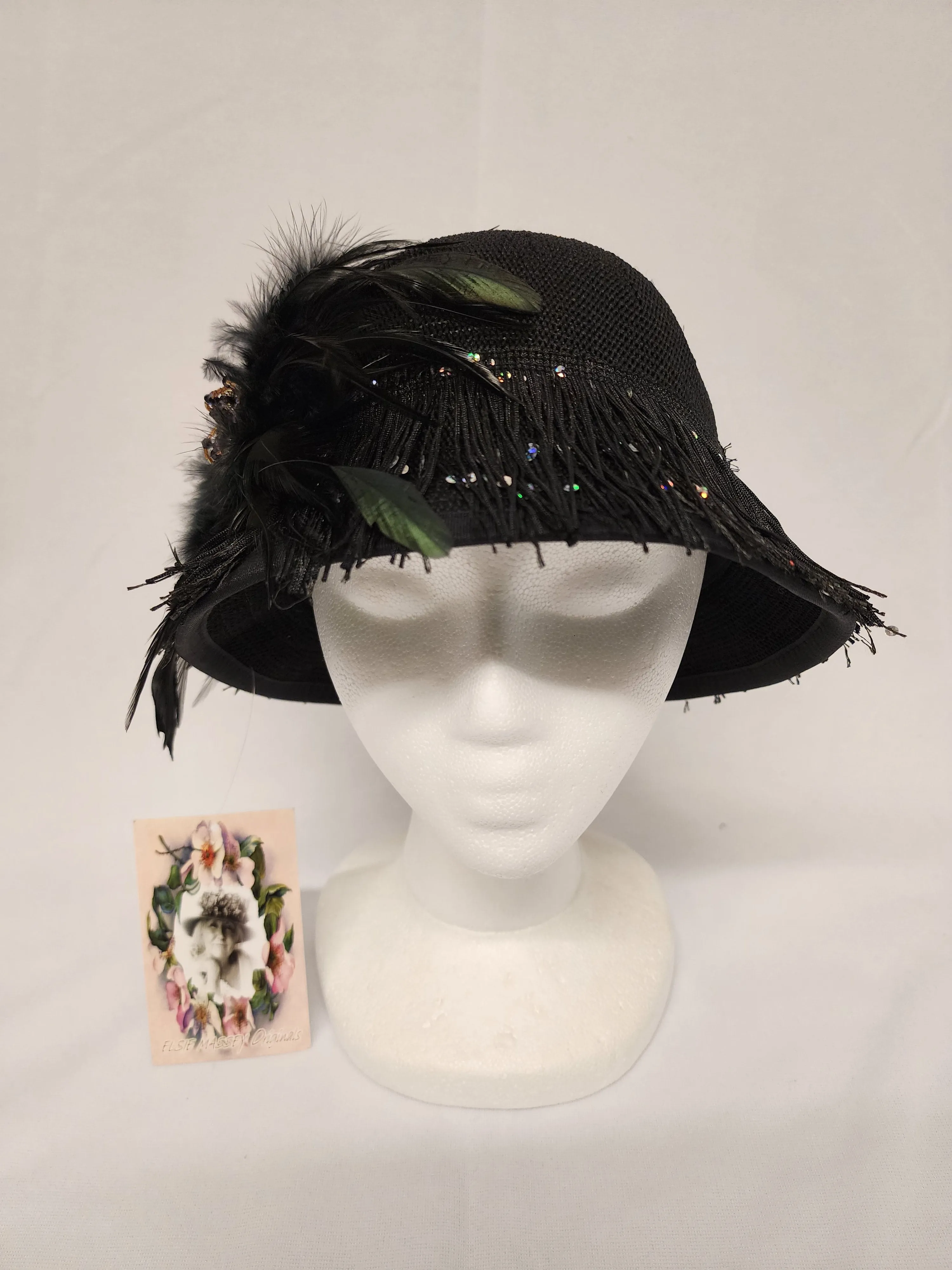 Black Soft Cloche Hat  w/Black Victorian Feather