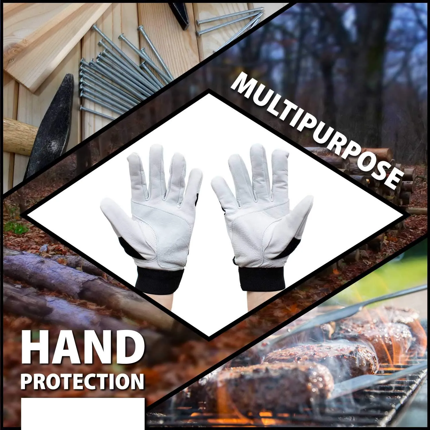 Black/White Reinforced Gloves, Secure Hook & Loop Closure - Bison Life