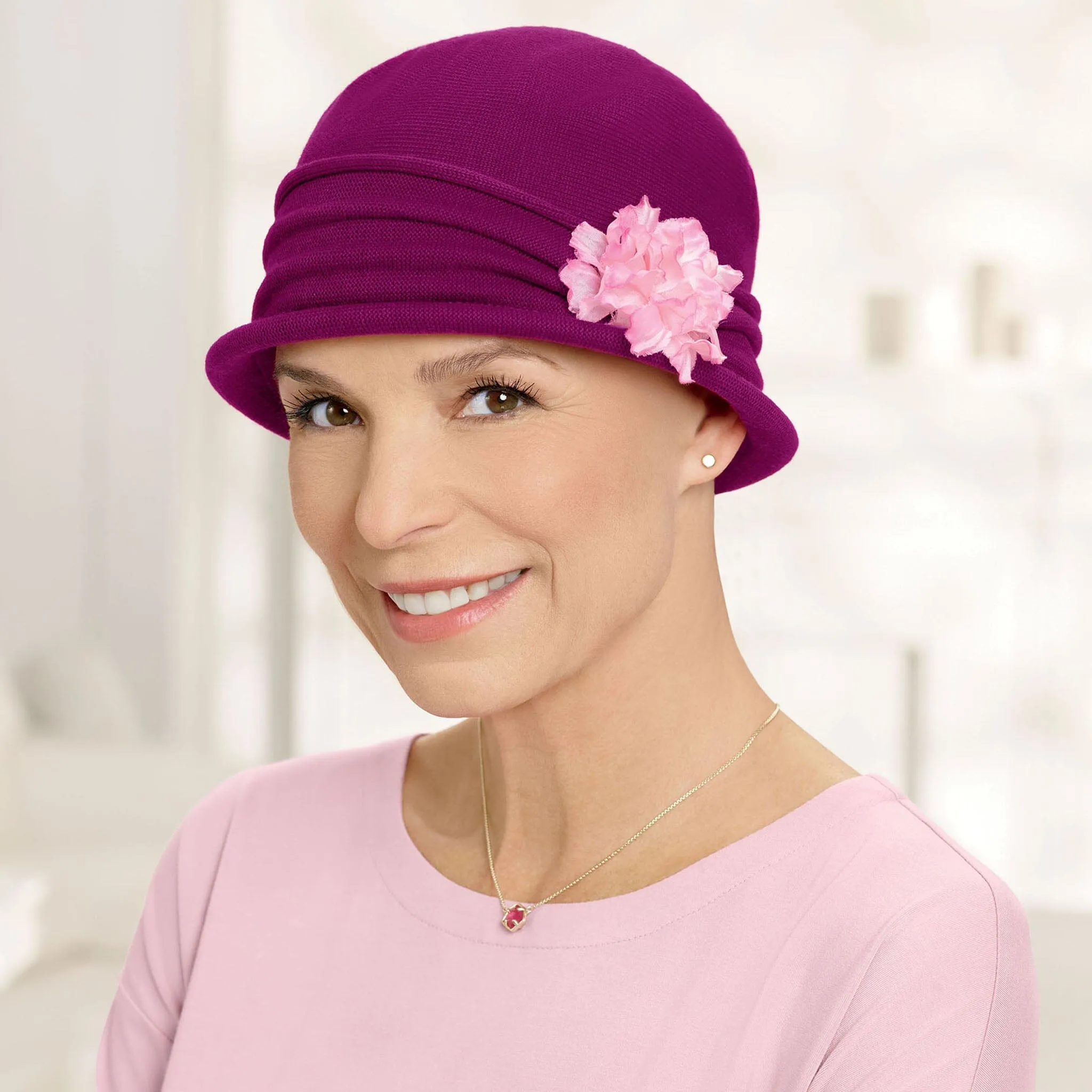 Cotton Knit Cloche Hat with Flower