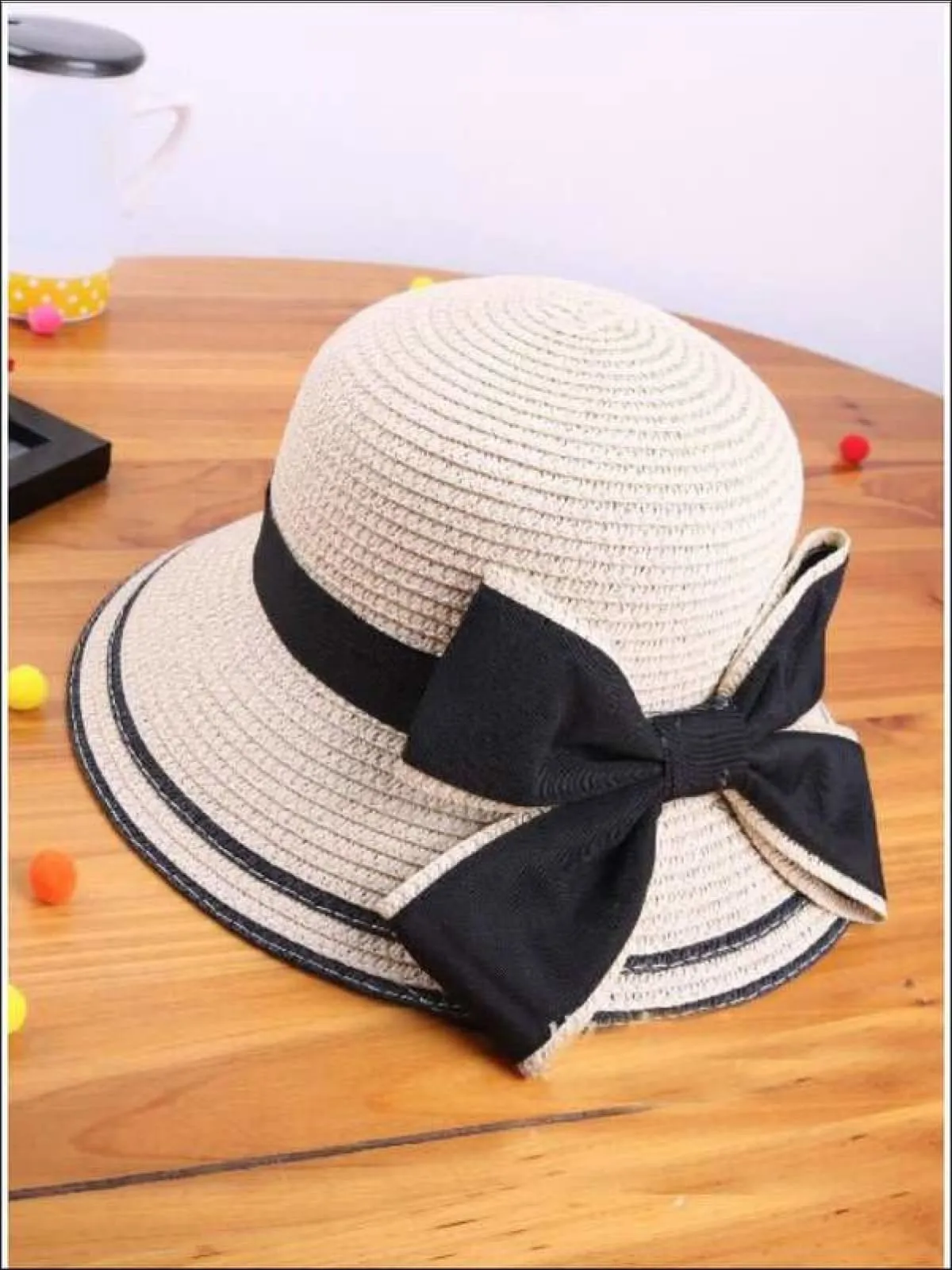 Girls White Vintage Style Black Bow Tie Cloche Hat