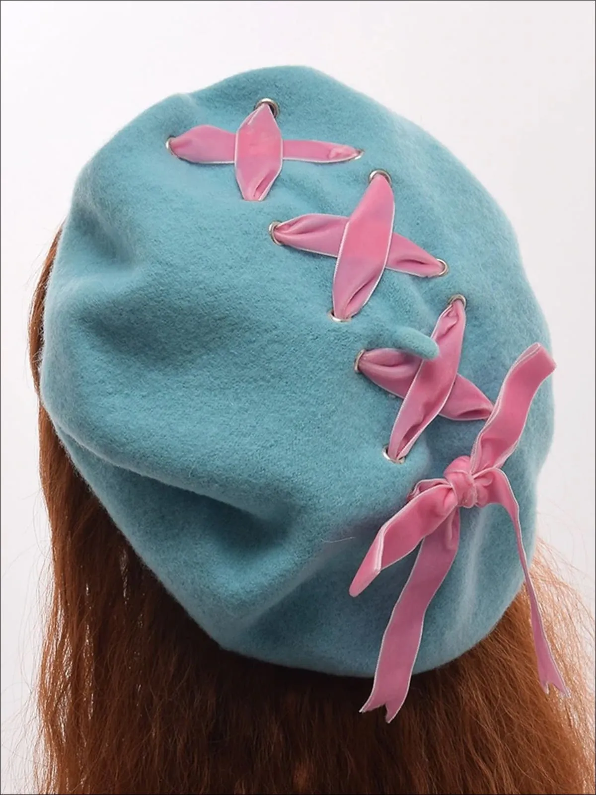 Girls Wool Velvet Lace Up Beret