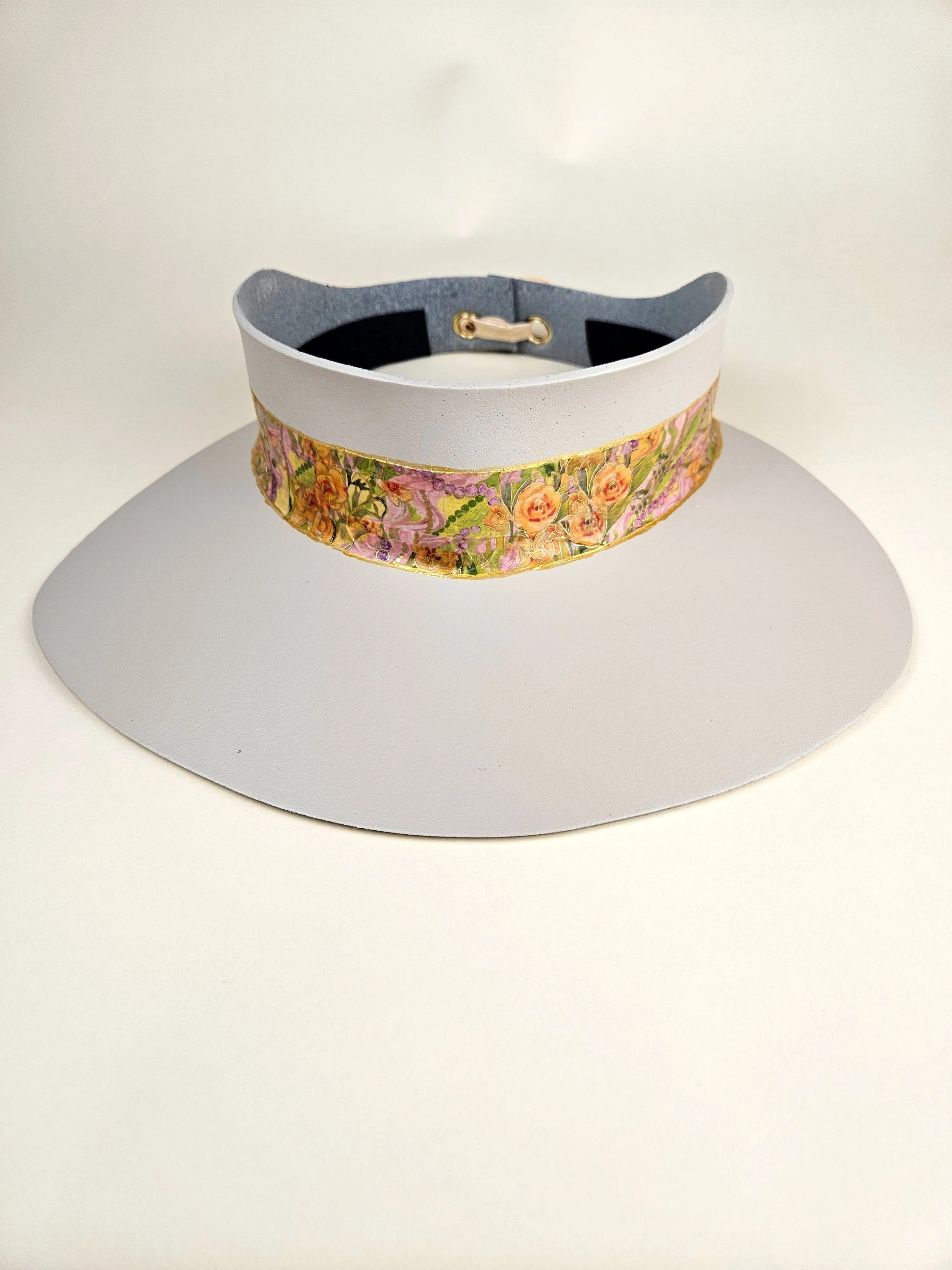 Gray Beige "LadyEVA" Visor Hat with Orange and Gold Floral Band