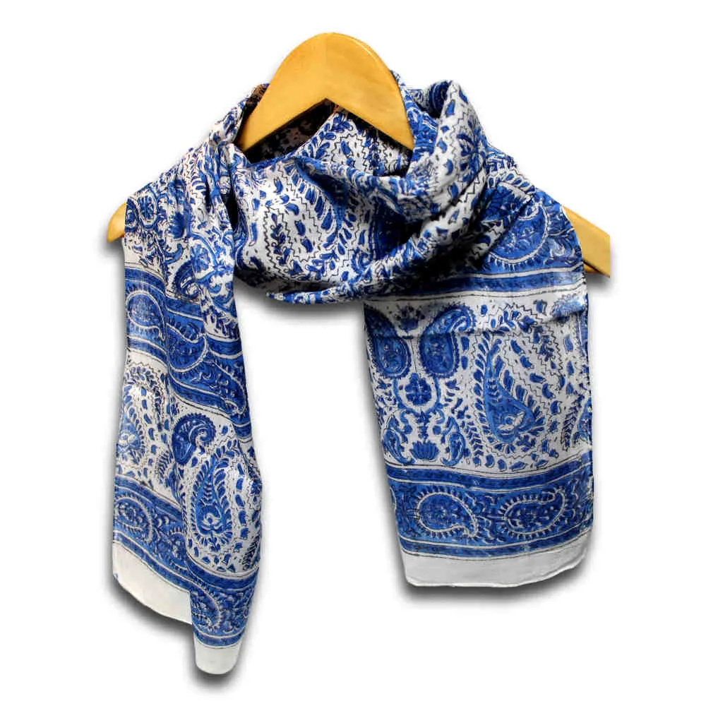 Large Cotton Block Print Summer Paisley Scarf for Women Lightweight Soft Blue