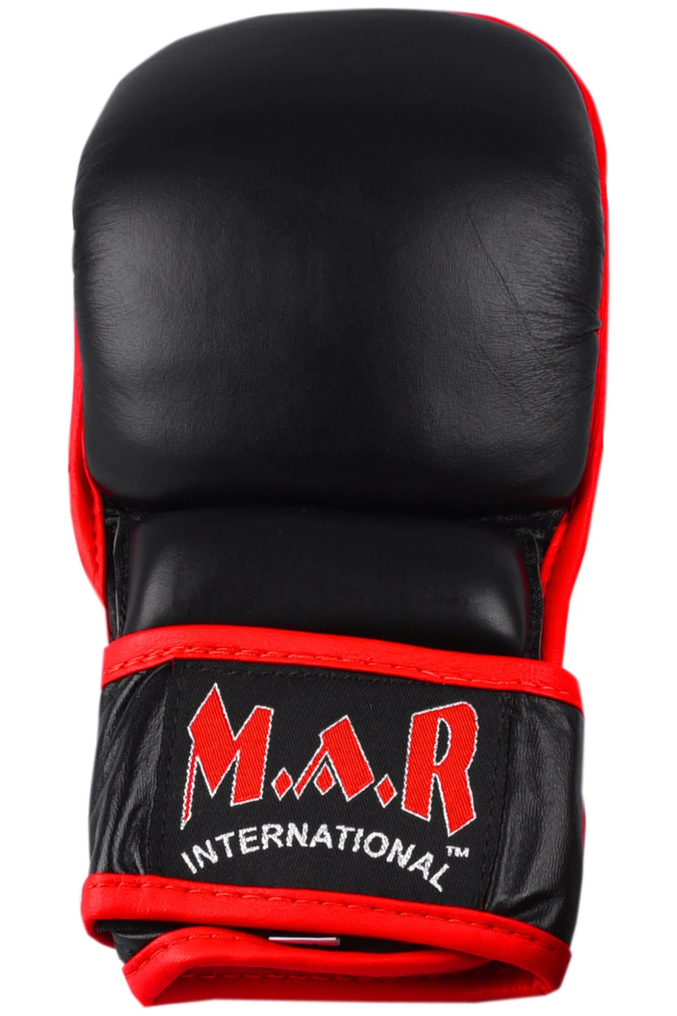 MAR-233A | Genuine Leather Black MMA Gloves w/ Red Piping