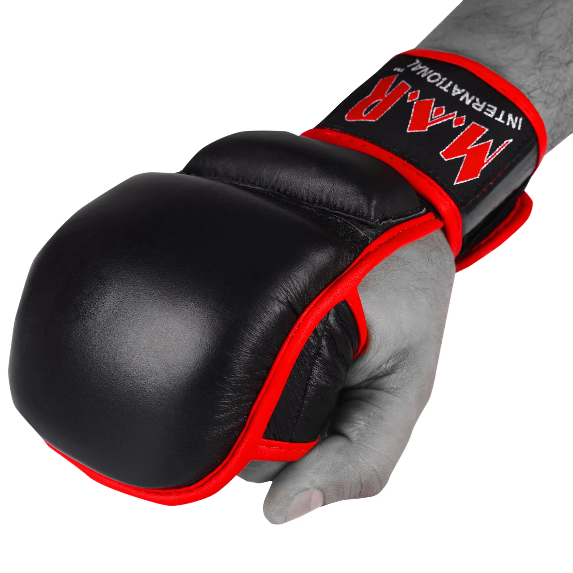 MAR-233A | Genuine Leather Black MMA Gloves w/ Red Piping