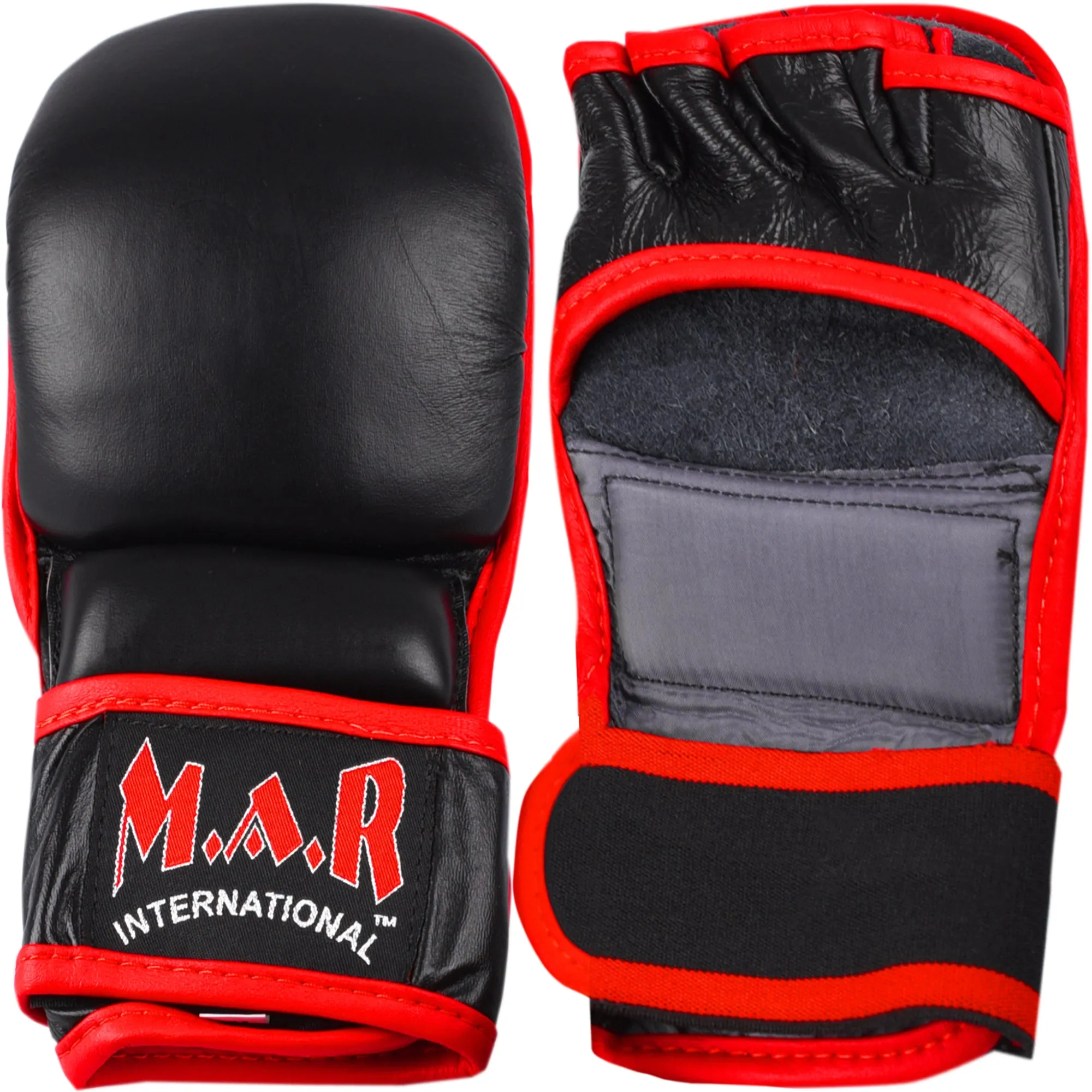 MAR-233A | Genuine Leather Black MMA Gloves w/ Red Piping