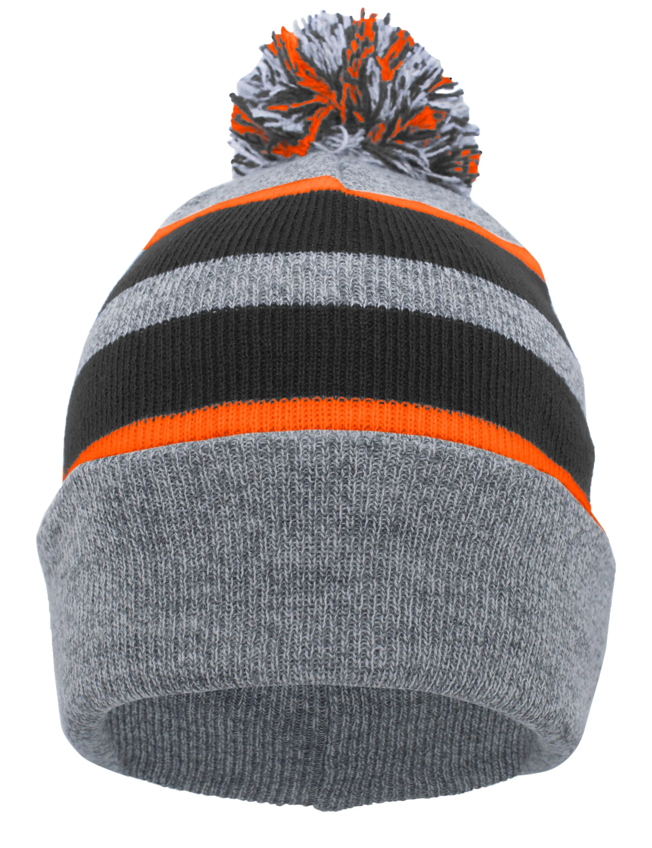 Pacific Headwear Knit Fold Over Pom-Pom Beanie - Heather/Black/Orange