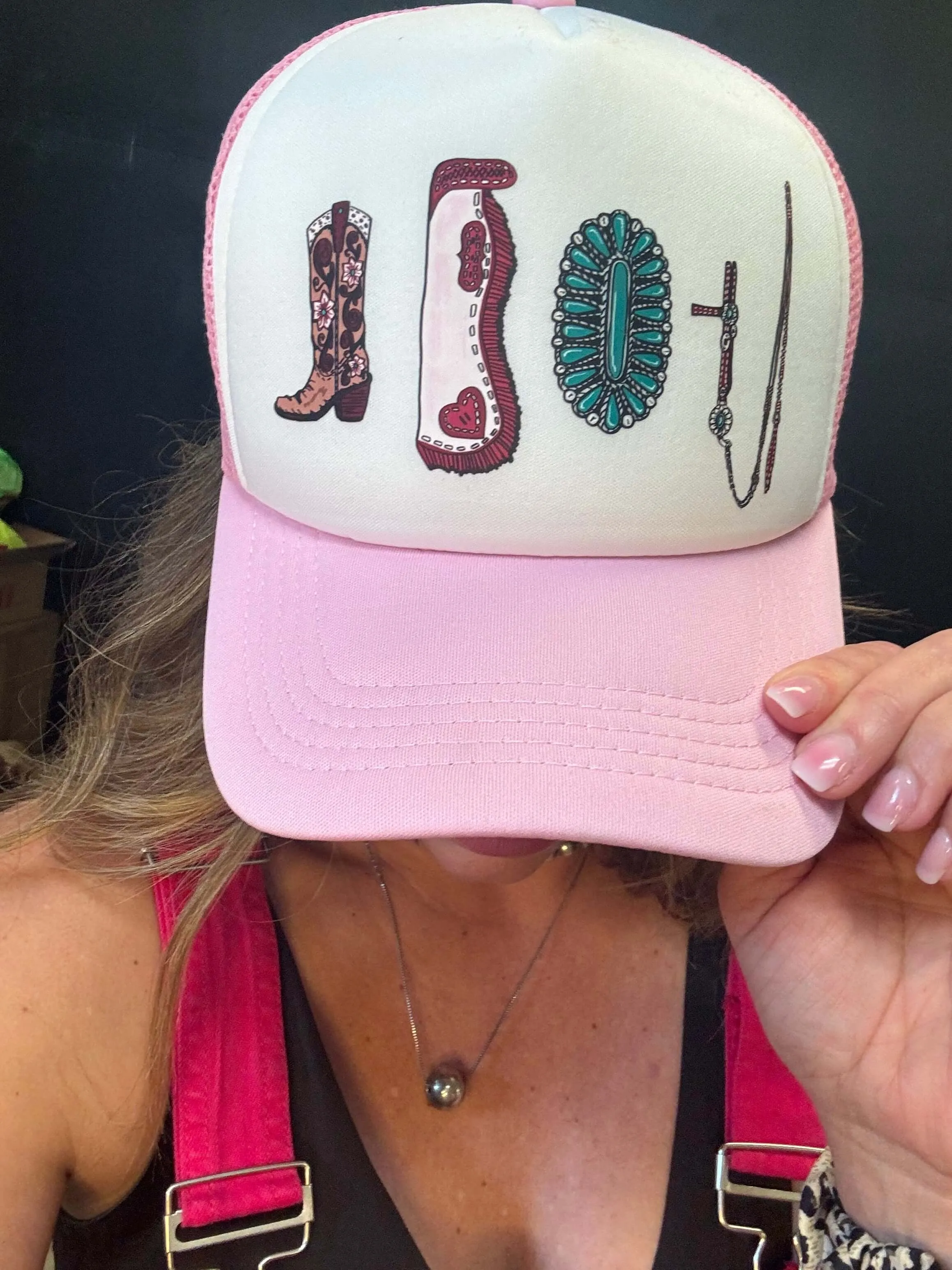 Pink Boot Chap Turquoise Trucker Hat