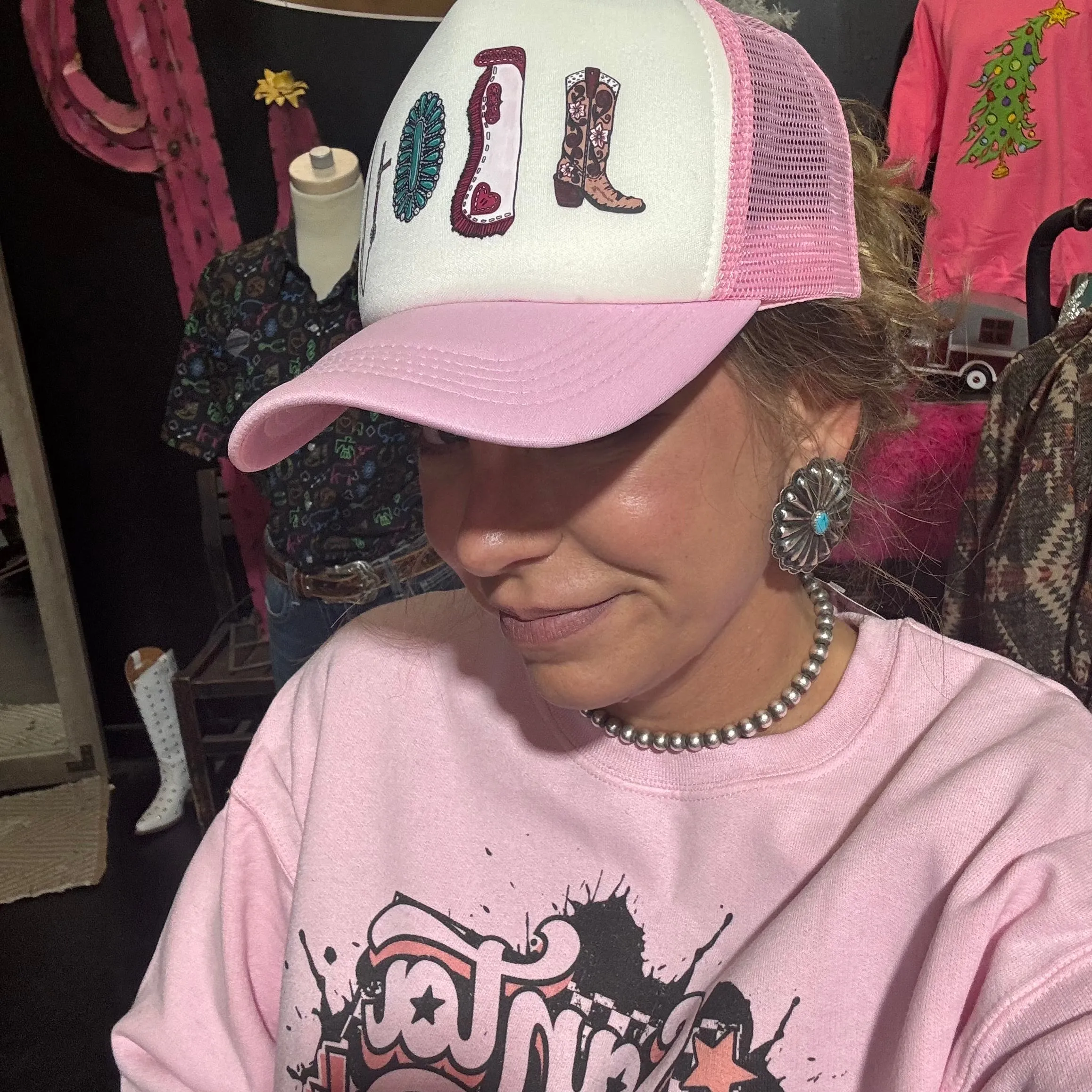 Pink Boot Chap Turquoise Trucker Hat