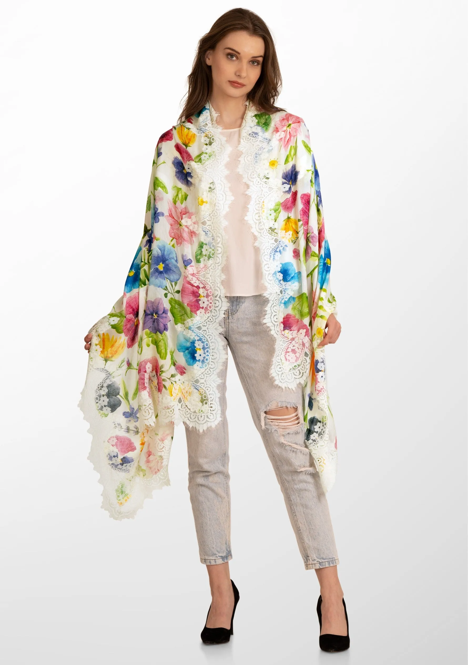 Spring Fling Print Ivory Modal and Cashmere Scarf with an Ivory Chantelle Lace Border