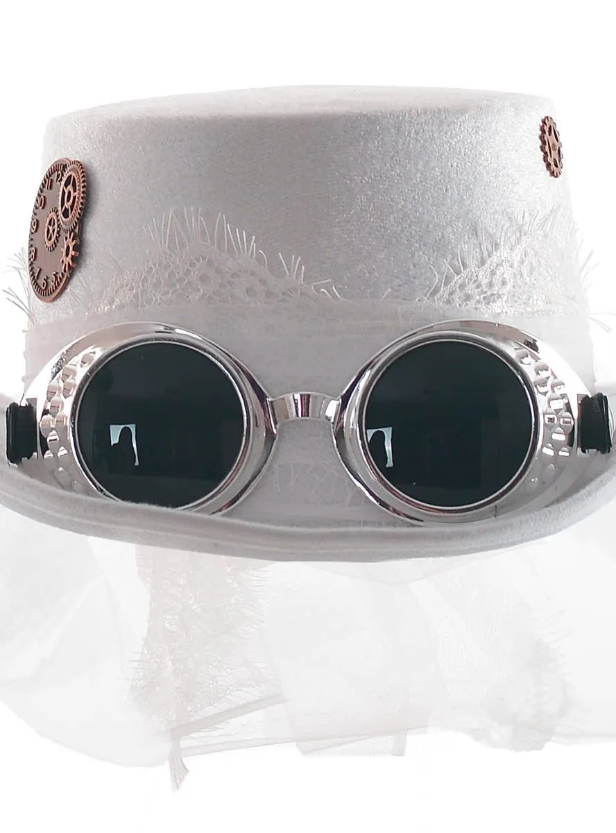 Steampunk White Velvet Top Hat with Goggles and Veil