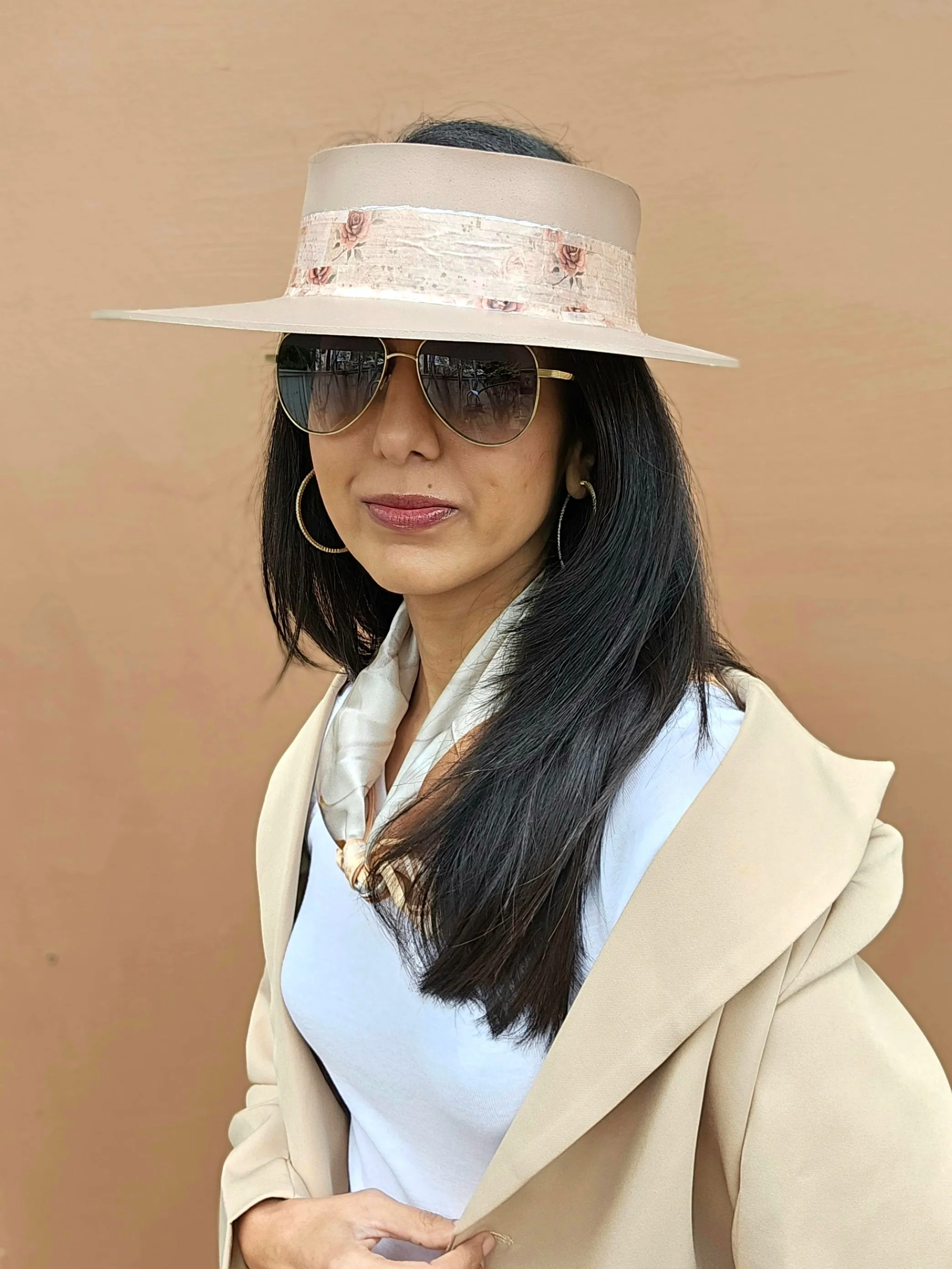 Tall Brown "LadyEVA" Visor Hat with Delicate Burgundy Floral Band