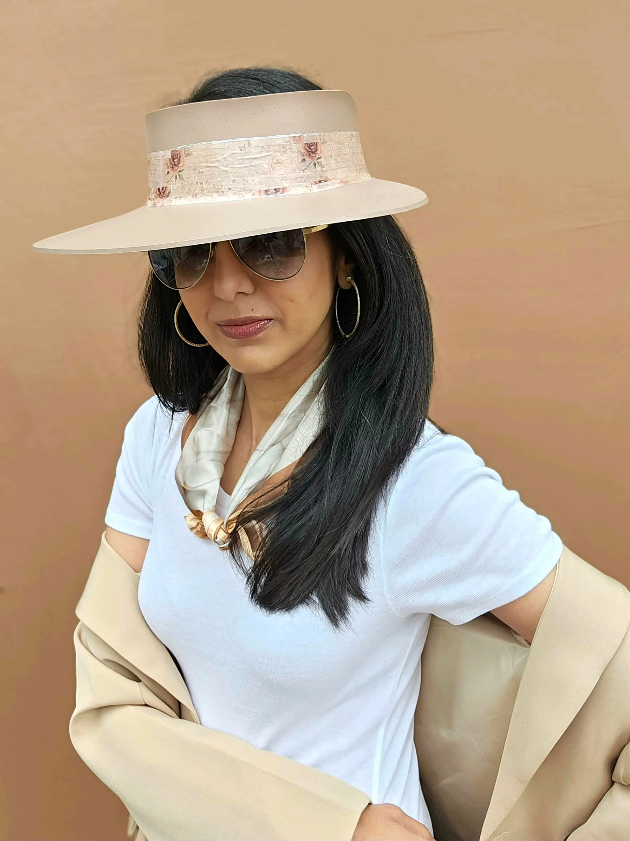 Tall Brown "LadyEVA" Visor Hat with Delicate Burgundy Floral Band