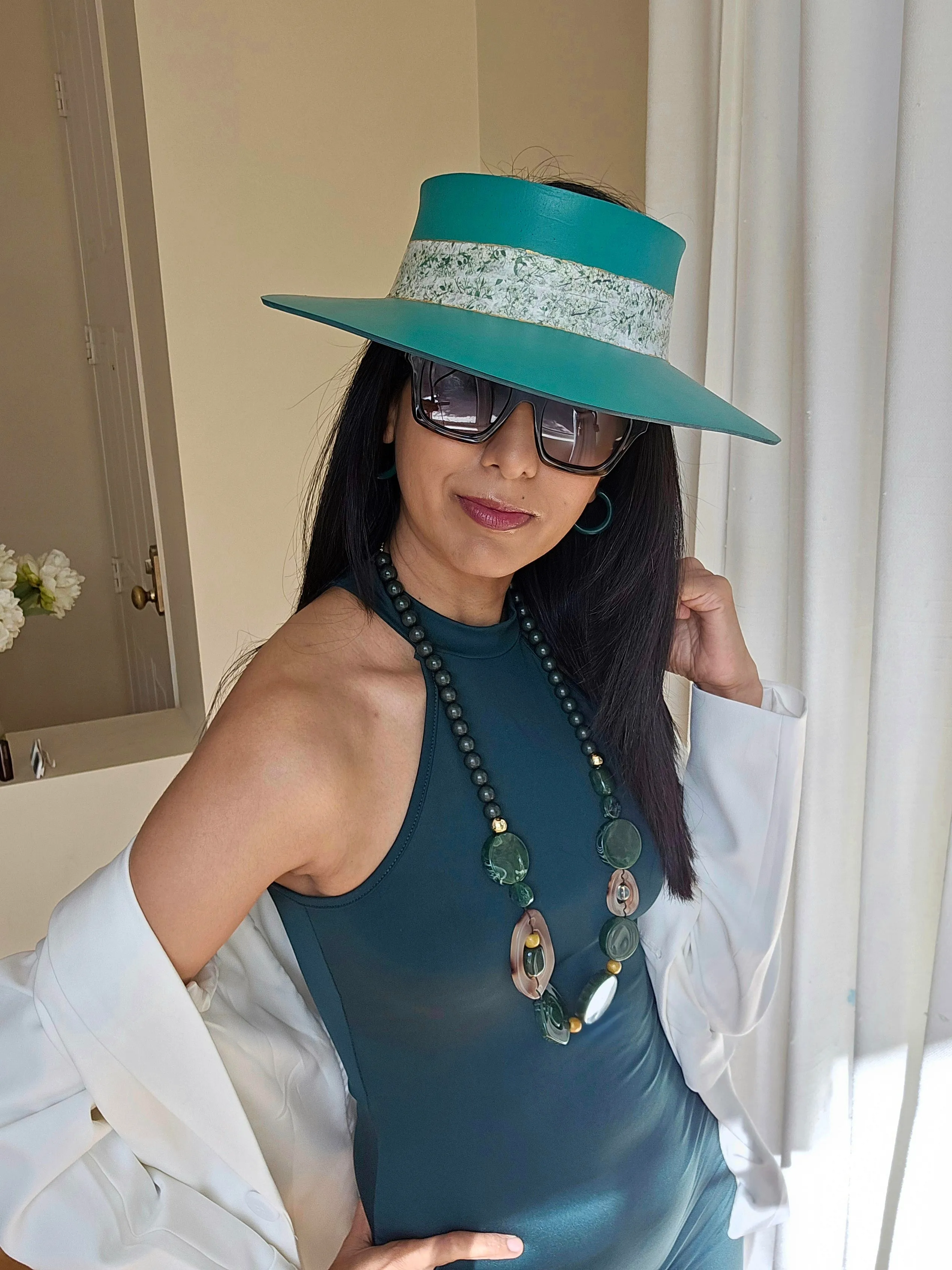 Tall Emerald Green LadyEVA Visor Hat with Crinkled White/Green Floral Band