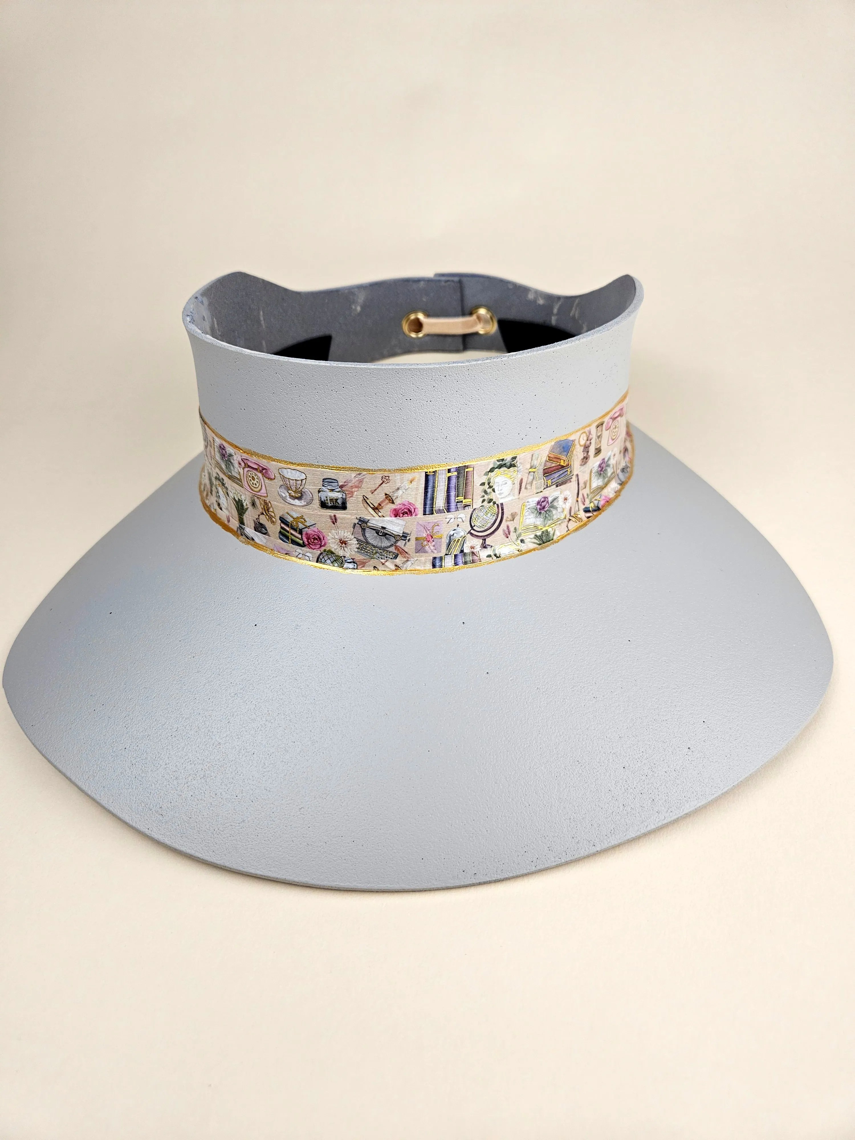 Tall Gray "LadyEVA" Visor Hat with Tea Party Themed Band