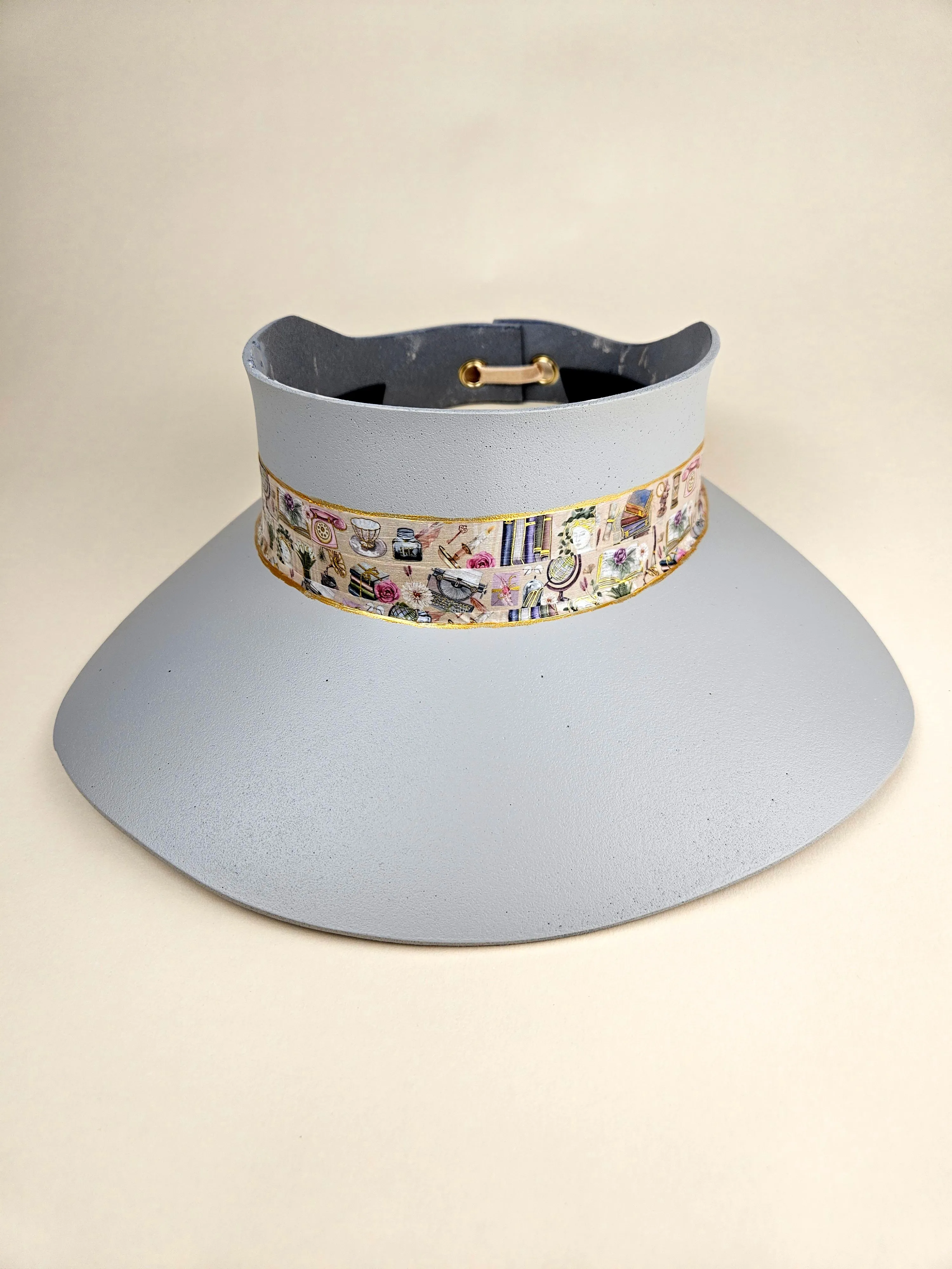 Tall Gray "LadyEVA" Visor Hat with Tea Party Themed Band