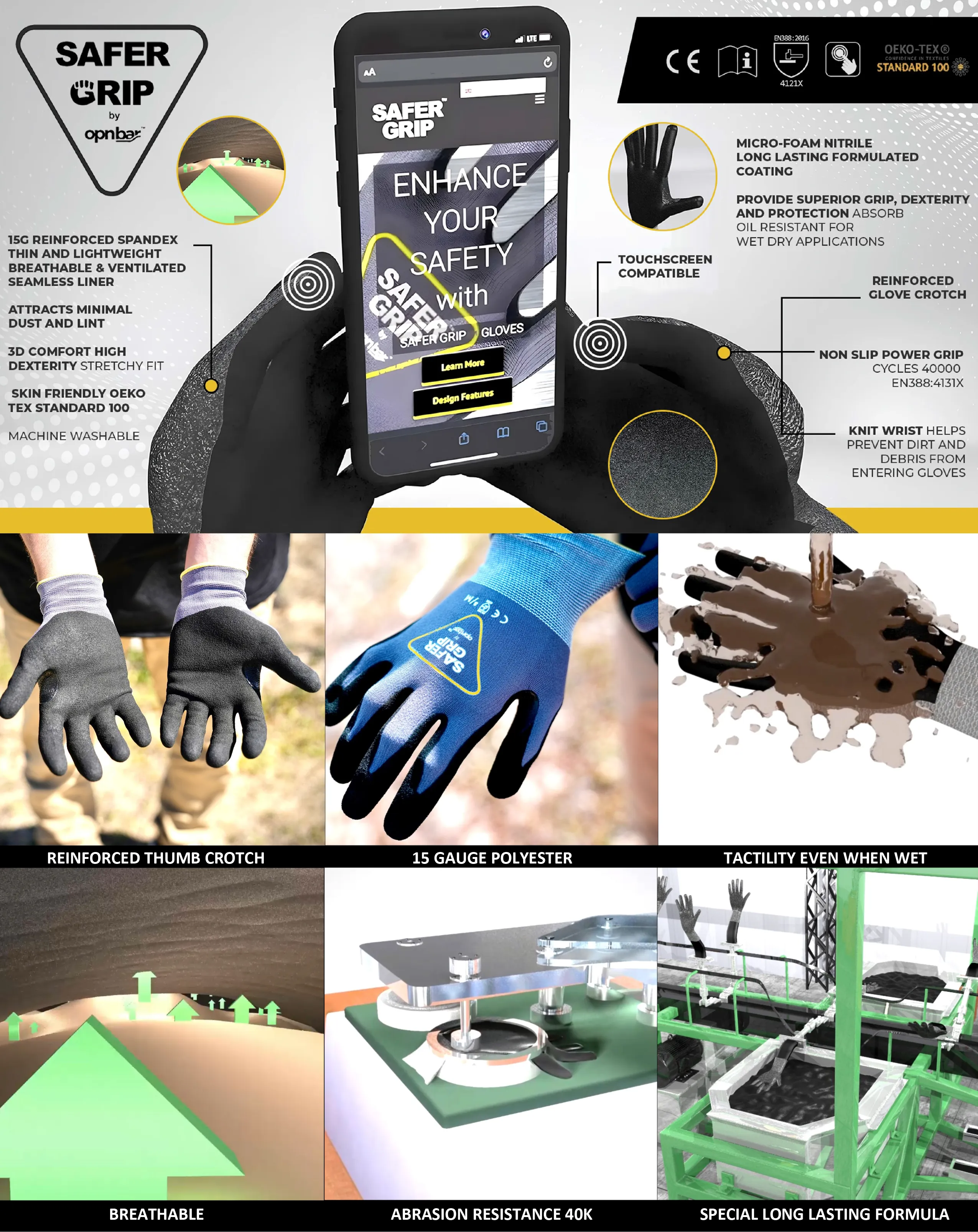 Truck Driver Gloves - Nitrile Coated Gloves with Touchscreen - Safer Grip by OPNBAR™ (2-Pack)